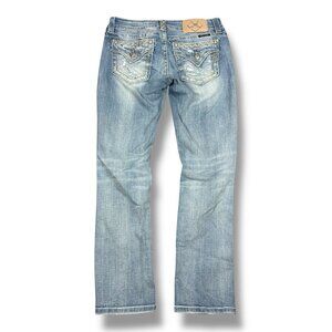 Miss Me Cropped Jeans Signature Capri Rhinestone Flap Pocket Distressed Sz 28